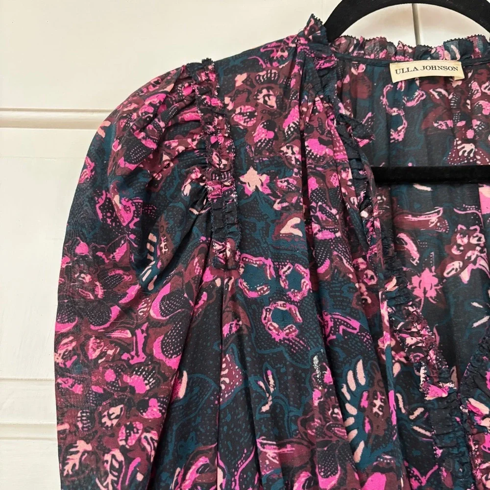 Ulla Johnson Prissa Mini Dress Size 2 Midnight‎ Floral Cotton Ruffle Puff Sleeve
